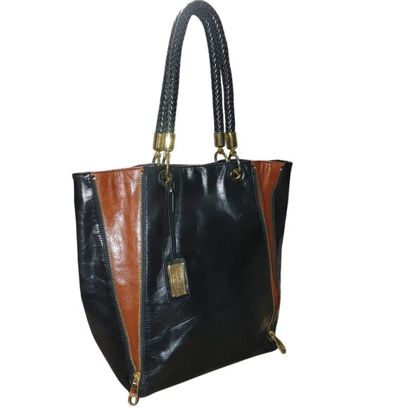 Badgley Mischka Expandable Black Leather Bucket Bag Tote Shopper Mayra Shine - Picture 1 of 16